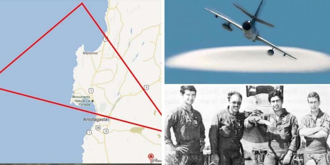 Tiángulo de Cerro Moreno / Portada del Libro El Tiángulo de Cerro Moreno de Hugo Riquelme / Politos de la Fuerza Aérea de Chile que tuvieron encuentros con OVNIS, Danilo Catalán (Primero a la izquierda) y Hernán Gabrielli (Ultimo a la derecha) Fotografía del Libro “Ovnis y Fuerzas Armadas.