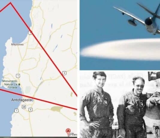 Tiángulo de Cerro Moreno / Portada del Libro El Tiángulo de Cerro Moreno de Hugo Riquelme / Politos de la Fuerza Aérea de Chile que tuvieron encuentros con OVNIS, Danilo Catalán (Primero a la izquierda) y Hernán Gabrielli (Ultimo a la derecha) Fotografía del Libro “Ovnis y Fuerzas Armadas.