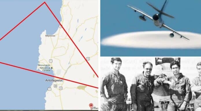 Tiángulo de Cerro Moreno / Portada del Libro El Tiángulo de Cerro Moreno de Hugo Riquelme / Politos de la Fuerza Aérea de Chile que tuvieron encuentros con OVNIS, Danilo Catalán (Primero a la izquierda) y Hernán Gabrielli (Ultimo a la derecha) Fotografía del Libro “Ovnis y Fuerzas Armadas.